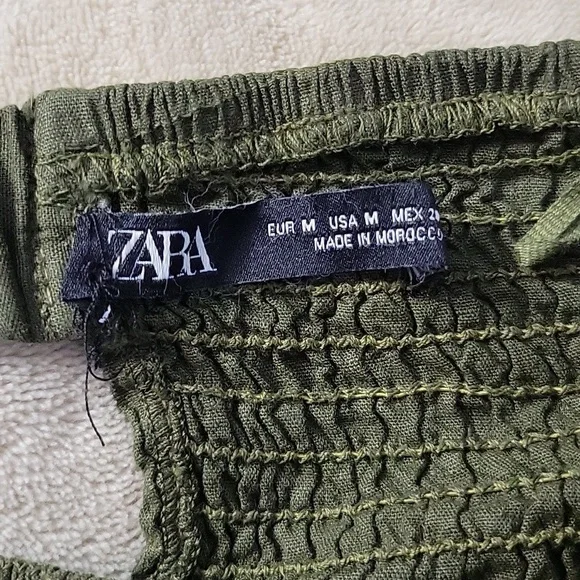 Zara Olive Green Linen Blend Strapless Shoulder Smocked Midi Dress Size M Boho - Picture 5 of 12